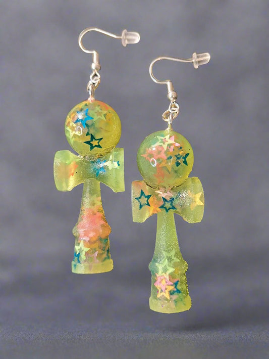 Neon Yellow Glow in the Dark Kendama Shaped Earrings w/ Stars