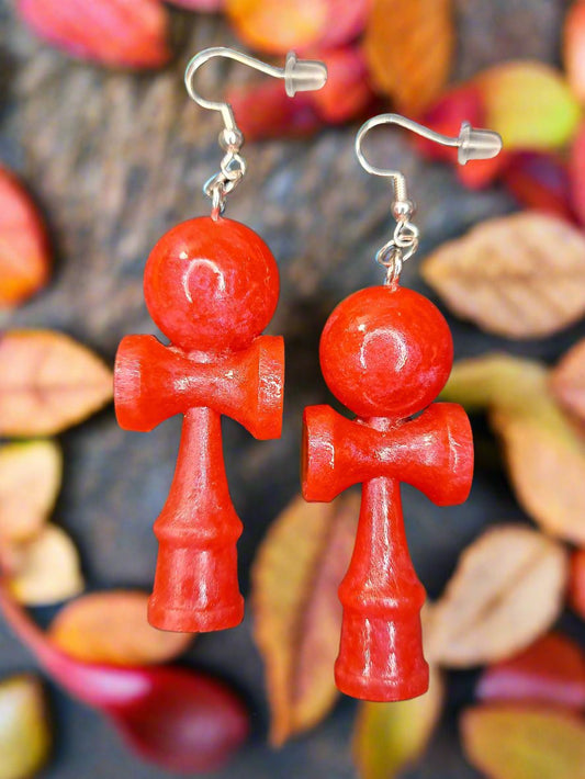 Candy Apple Red Kendama Shaped Earrings