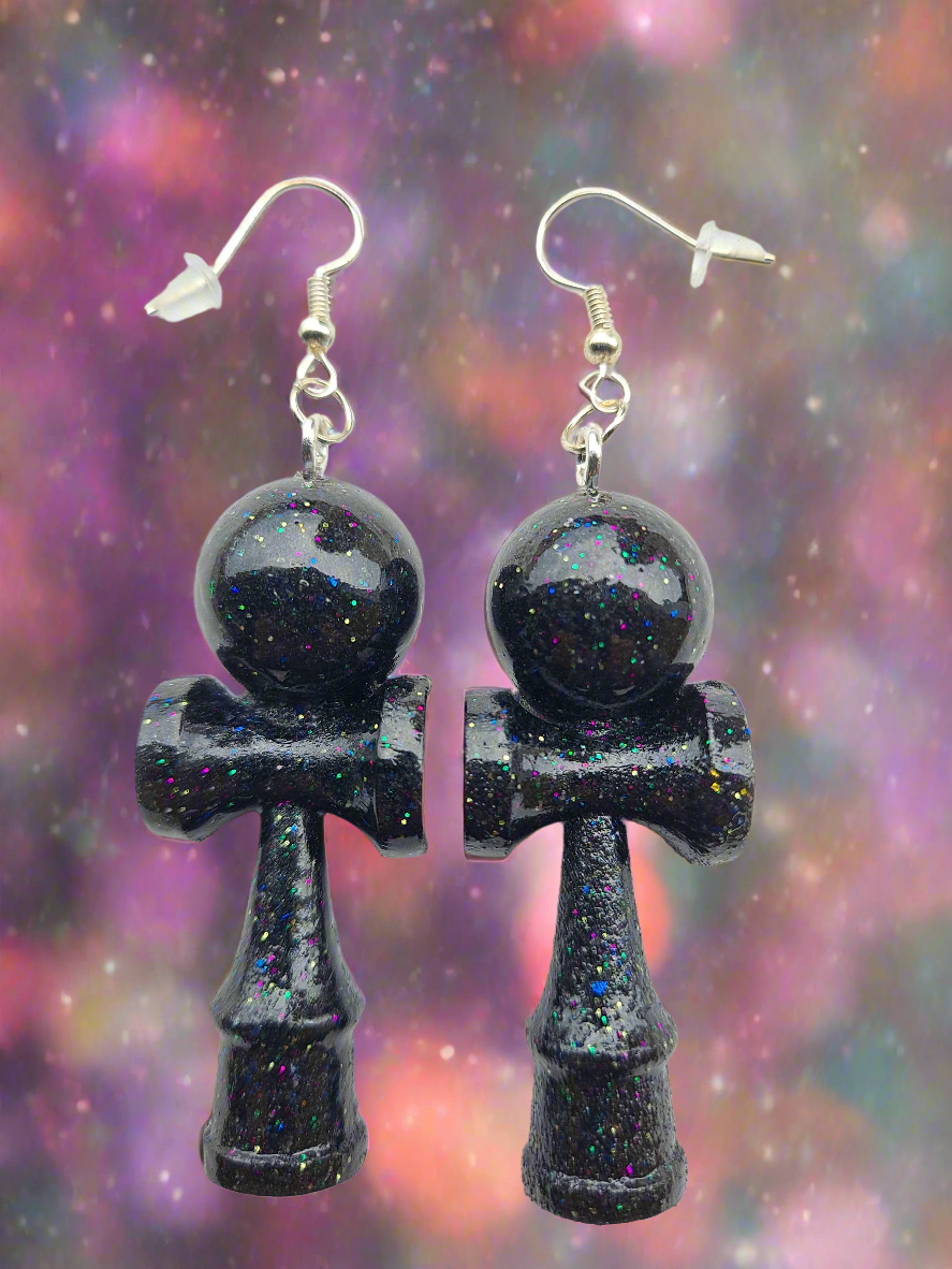 Black Galaxy Kendama Shaped Earrings