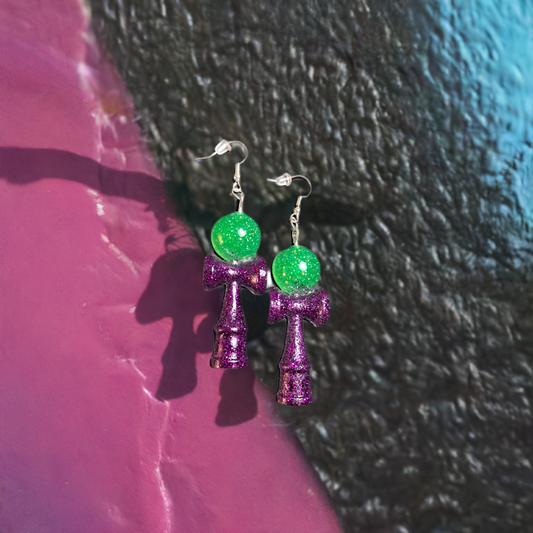 Green & Purple Kendama Shaped Earrings