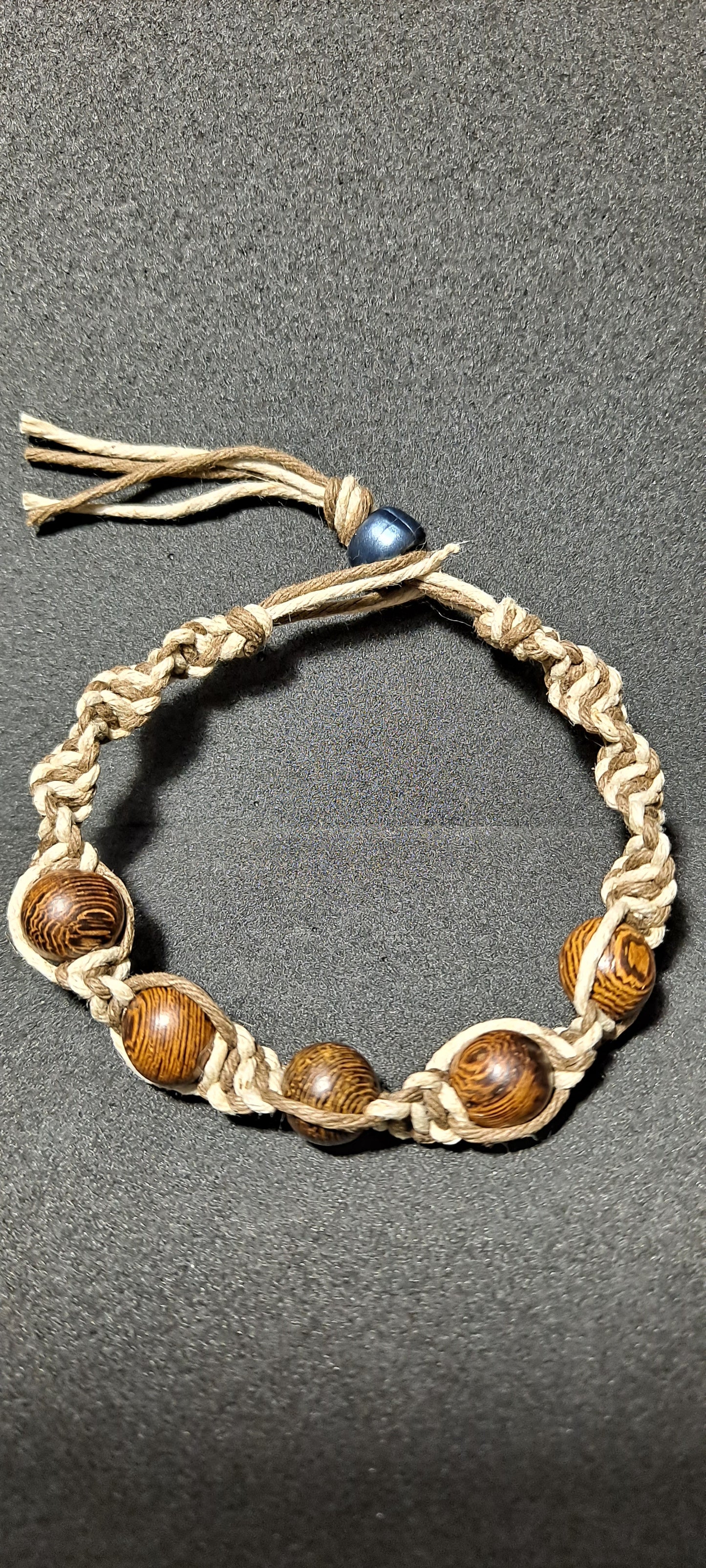 Tan & White Hemp Bracelet w/ Wood Grain Beads